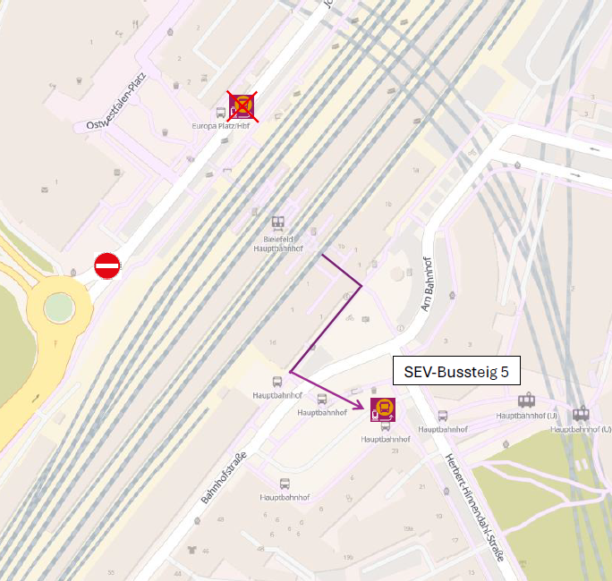 Karte zur SEV Bushaltestelle 5 am Bahnhofsvorplatz
